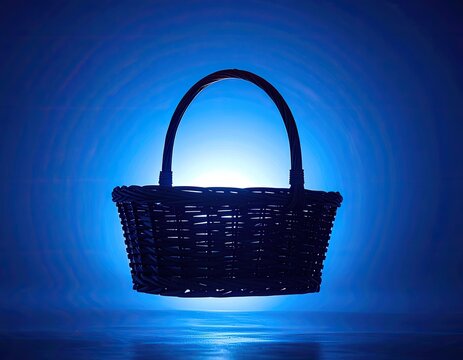 A dark silhouette of a woven basket against a bright blue background.