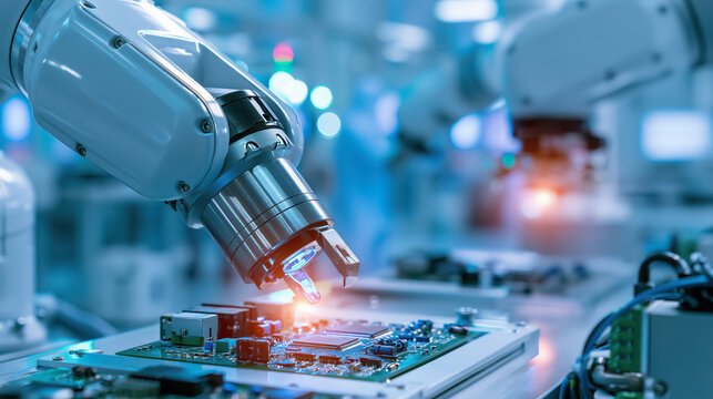Industrial robotic arm assembling circuit board in clean factory with blue light and precision automation