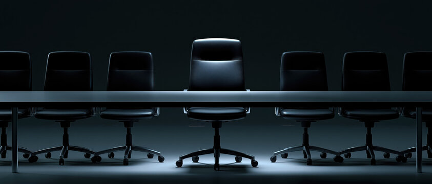 Executive boardroom with illuminated chair at head of conference table in dark corporate room, dramatic lighting