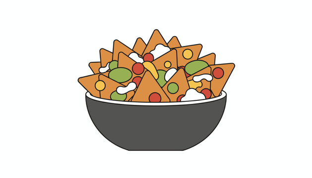 Delicious bowl of Mexican nachos topped with melted cheese, guacamole, sour cream, and spicy jalapenos in a flat design.