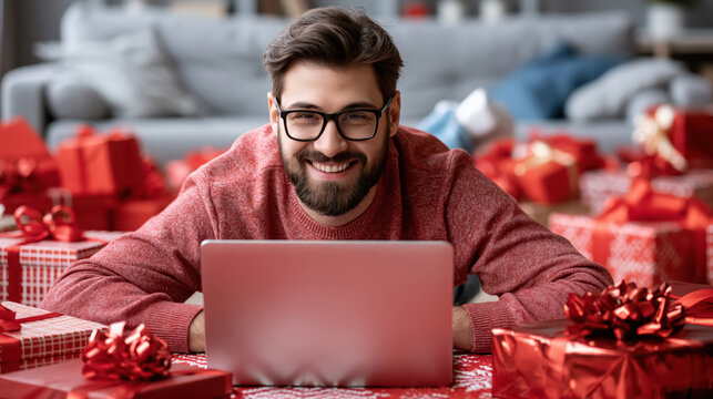 Young man shopping online with laptop among gift box in modern apartment, smiling and relaxed