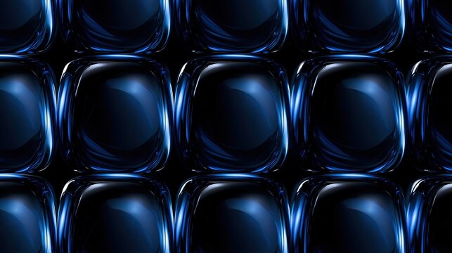 Repeating pattern of glossy transparent blue rounded square glass blocks arranged in grid on black background creates luxury modern geometric texture