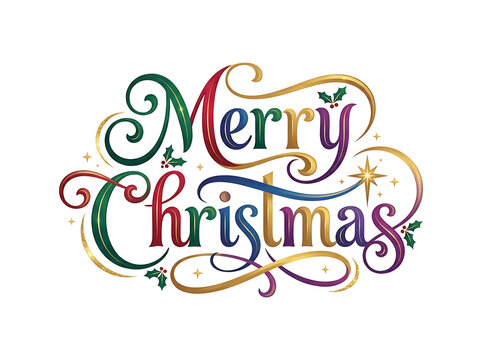 Colorful merry christmas decorative calligraphy design with swirls and sparkling stars hand drawn calligraphy lettering greeting typography celebration december