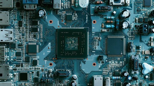 Close up view of modern computer motherboard with central processing unit and various electronic components shows advanced digital hardware technology