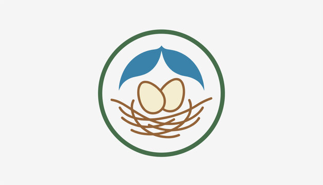 Minimalist circular logo design depicting a bird nest with two eggs sheltered under two blue feathers on a clean white background.