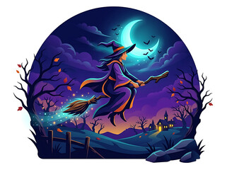 Witch flying on broomstick over autumn landscape at night under crescent moon vector illustration with broomstick halloween illustration crescent landscape nighttime © Babul