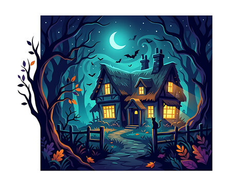 Spooky haunted house in dark forest at night under crescent moon vector illustration with halloween illustration abandoned mysterious crescent darkness mystical