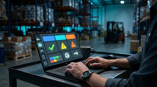 Warehouse manager using a laptop to monitor inventory and logistics operations with a digital dashboard.