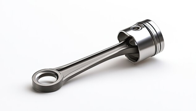 Automotive Piston and Connecting Rod Assembly on White Background.