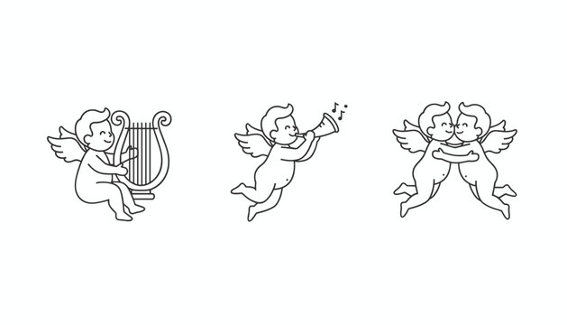 Set of three adorable hand drawn baby angel outline illustrations playing musical instruments and sharing a warm hug.