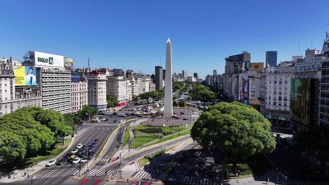 Aerial view of the obelisk in the city of Buenos Aires, Argentina