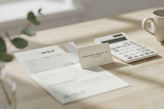 Payslip document with a gold paper clip and a small card for international equal pay day in september beside a white calculator on a wooden table