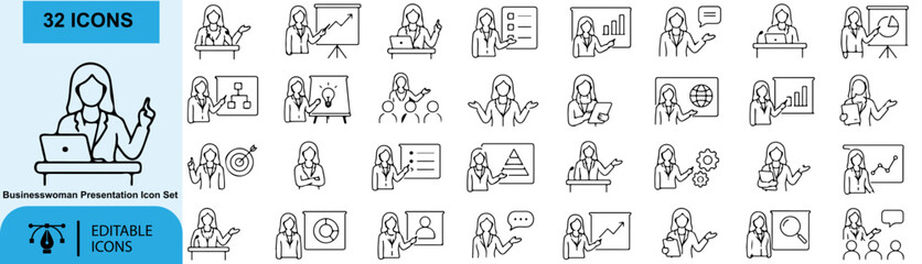 Fototapeta premium 32 Businesswoman Presentation Vector Outline Icons Set – Female Presenter, Marketing, Strategy and Business Training Line Symbols Collection