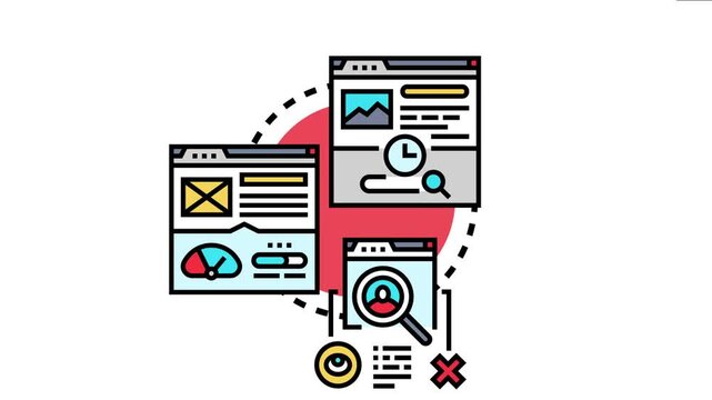 Web pages displaying various icons measuring data, indicating performance metrics and analytics for advertisement engagement and optimizing conversion rates in online marketing strategies