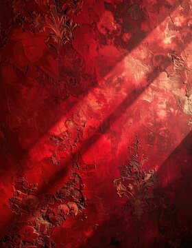 Textured red wall with ornate raised patterns illuminated by dramatic light.