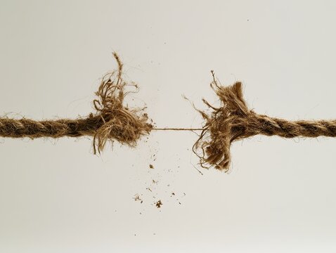 Close-up of a frayed rope breaking apart against a plain background.