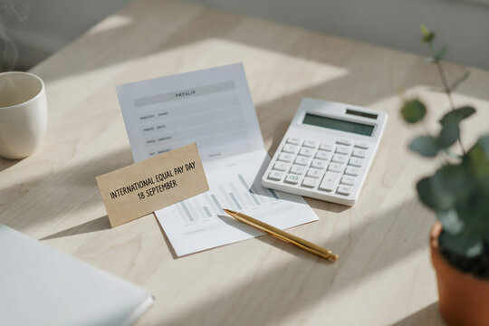 Payslip document with a gold pen and a small card for international equal pay day in september next to a white calculator on a wooden office desk
