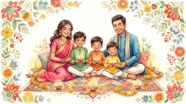 Illustration of a happy indian family celebrating diwali isolated on white background