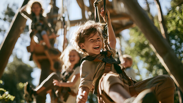 Joyful Boy Riding Zip Line at Outdoor Adventure Park in Sunny Forest