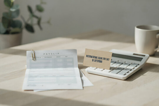 Payslip document with a paper clip and a small card for international equal pay day in september next to a white calculator on a wooden office desk
