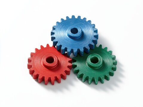 Three colorful interlocking gears representing teamwork and industry.