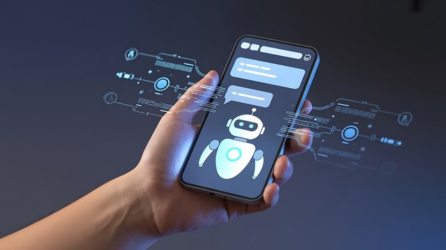 Businessman holding tablet with AI chatbot assistant hologram interface on screen