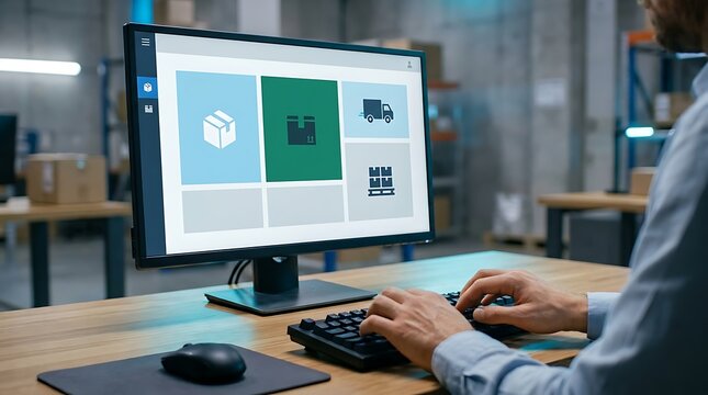 Warehouse manager working on a computer screen with logistics and shipping software interface.