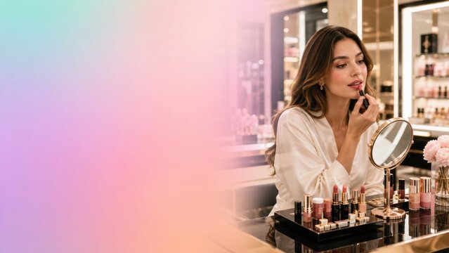 woman applies lipstick while looking into a small mirror at a makeup counter in a bright, stylish cosmetic store.