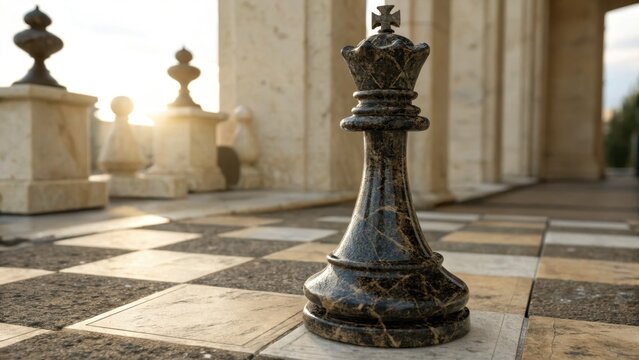 Dark Marble Chess Queen Piece on Board with Architectural Background