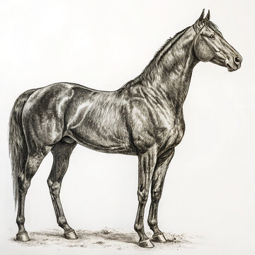Detailed artistic black and white pencil sketch drawing of a majestic standing horse