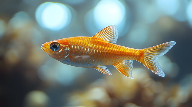 Small orange goldfish swimming in clear blue water under gentle light shimmer