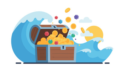 Naklejka premium Open wooden treasure chest full of gold coins and sparkling gems under giant ocean waves and a bright sun.