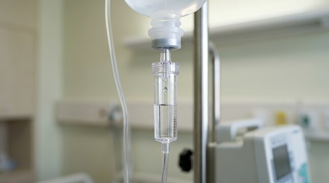 Intravenous drip chamber dispensing medical solution for oncology patient treatment in hospital.