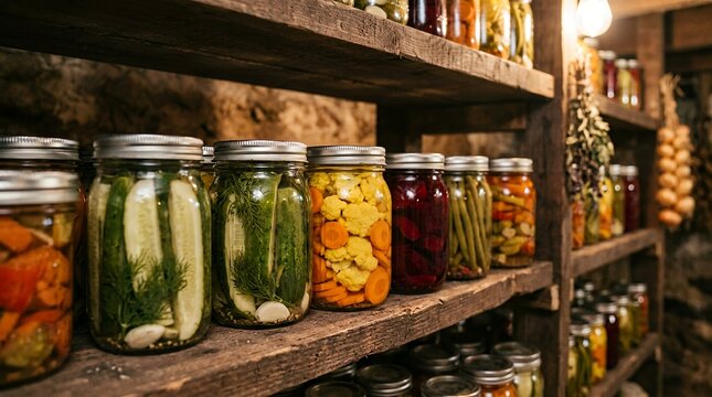 Home canned pickled vegetables in glass jars stored on rustic wooden pantry shelves.