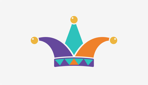 Colorful jester hat icon with purple, orange, and turquoise panels decorated with golden bells on a light background.