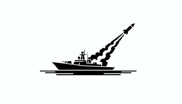 Black silhouette of a guided missile launching from a naval destroyer warship into the sky on a clean white background.