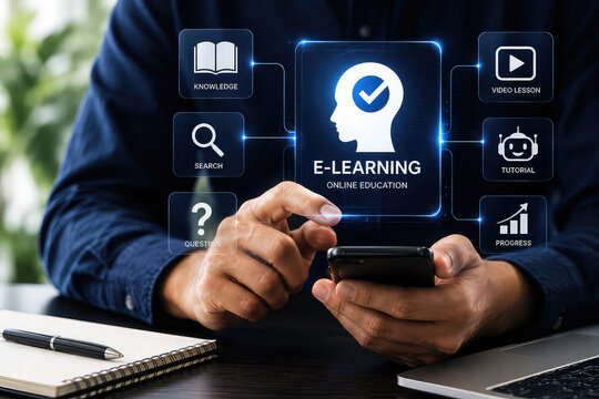 E-Learning and Online Education Concept with Smartphone, Digital Technology and Interactive Learning Interface
