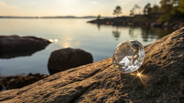 Diamond Gemstone Balanced on Rugged Rock by Water at Sunset