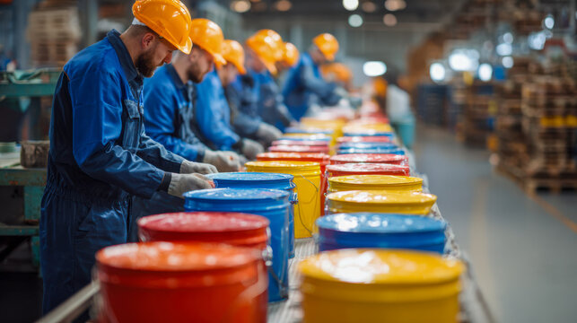 A group of male workers in blue overalls and orange helmets are assembling paint buckets in a factory. The scene shows various colored buckets lined up on a conveyor belt.