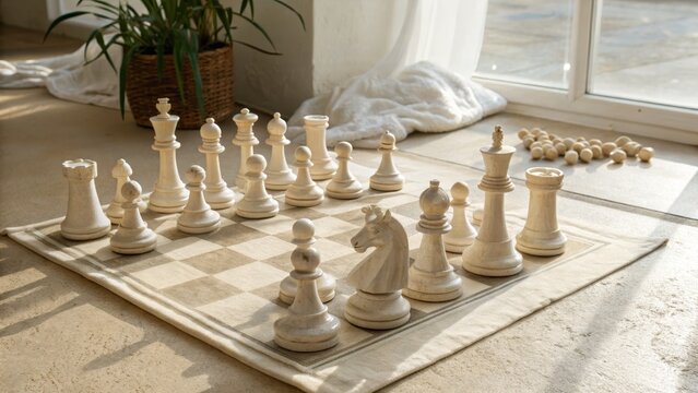 Elegant Chess Board Setup with White Pieces Ready for Play