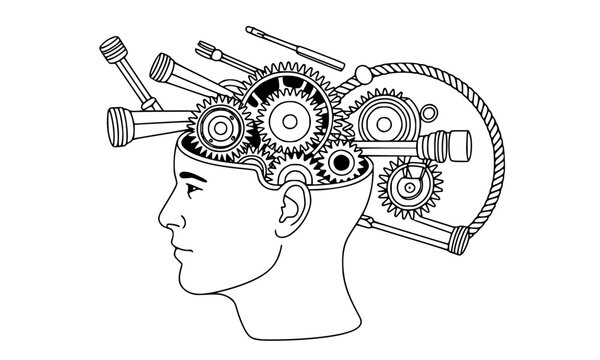 Human psychology and logical thinking mind concept featuring outline silhouette of male head filled with complex mechanical gears, cogs, industrial tools, and drive belt mechanism vector illustration.