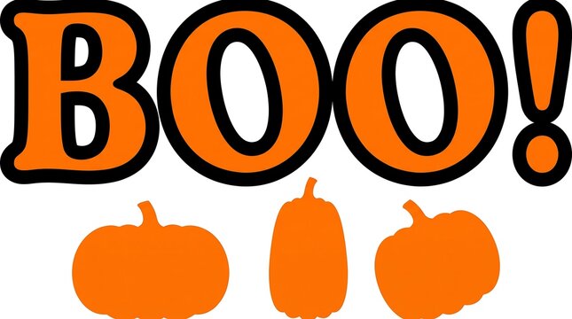 Festive halloween illustration featuring the word boo and three bright orange pumpkins