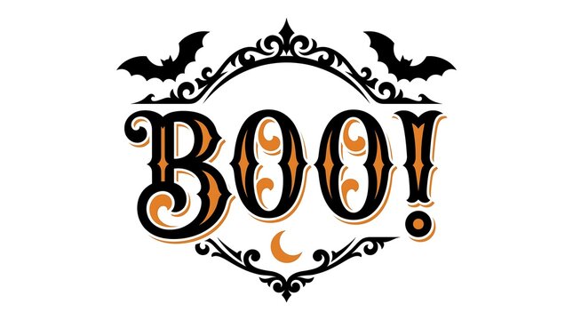 Vintage halloween design featuring the word boo with ornate flourishes and spooky bats