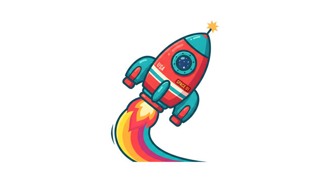 Colorful retro space rocket launching vector icon with flame trail, startup project and goal launch concept