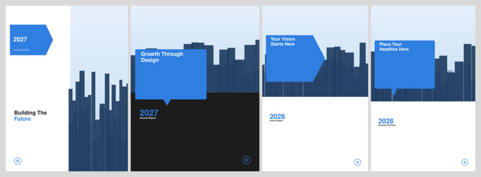 Professional corporate poster design templates featuring modern city skyline graphics and minimalist layout concepts for business documentation