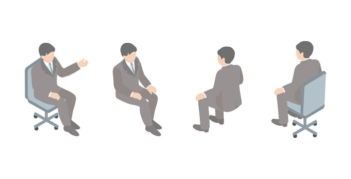 アイソメトリック　ビジネス　人物　男性　イス　座る　ポーズ　オフィス　仕事　風景　イラスト　素材
