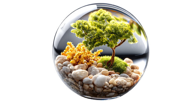 Miniature World in a Glass Orb: A tiny, vibrant ecosystem featuring a miniature tree, moss, and rocks, encased within a clear glass sphere, representing a self-contained natural world.