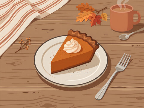 Pumpkin pie slice on rustic table with fork vector illustration