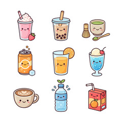 Obraz premium Dms1 Set of Cute Kawaii Drink Illustrations Featuring Various Refreshing Beverages and Hot Drinks