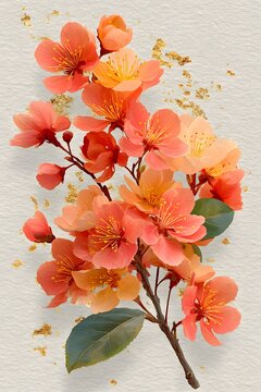 Premium fine art poster of autumn cherry blossoms, layered coral, apricot, burnt orange and gold petals, delicate botanical branches.